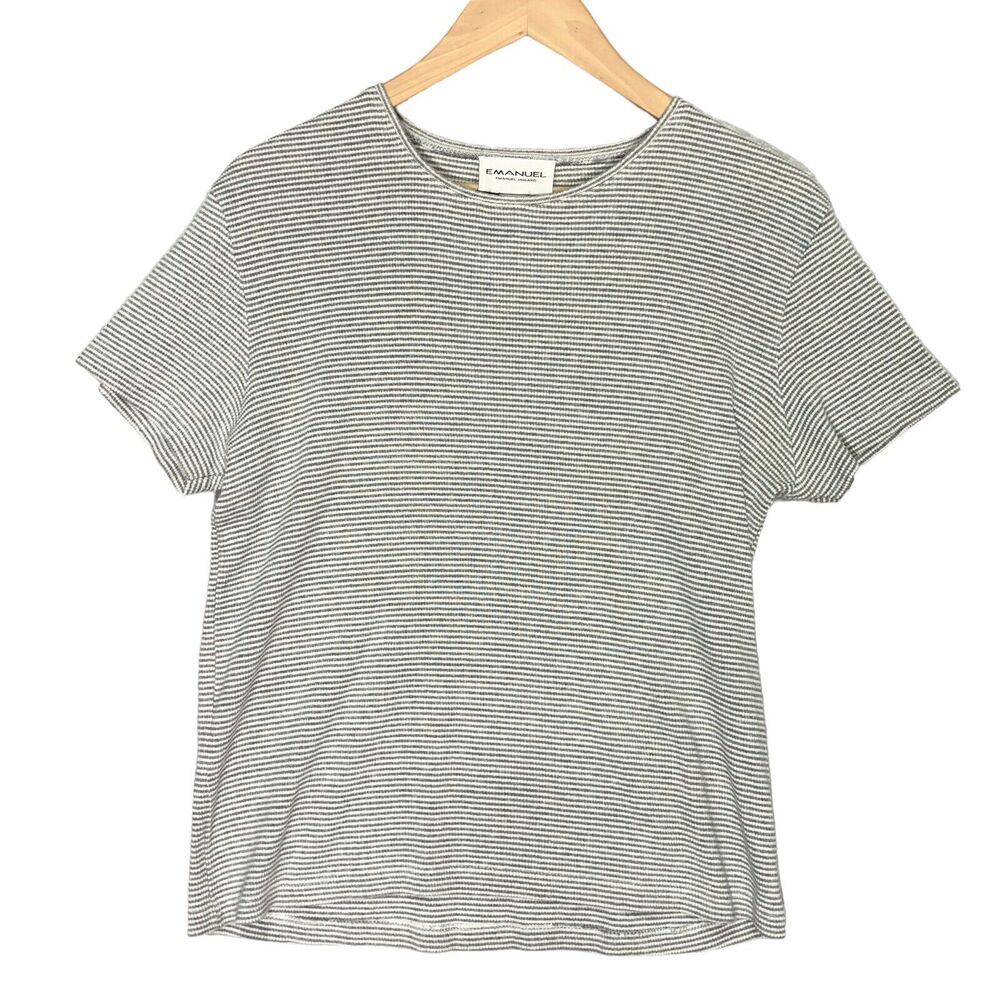 Emanuel Ungaro Size L Knit Top Gray Stripe Short Sleeve Ribbed Knit Vintage 90s